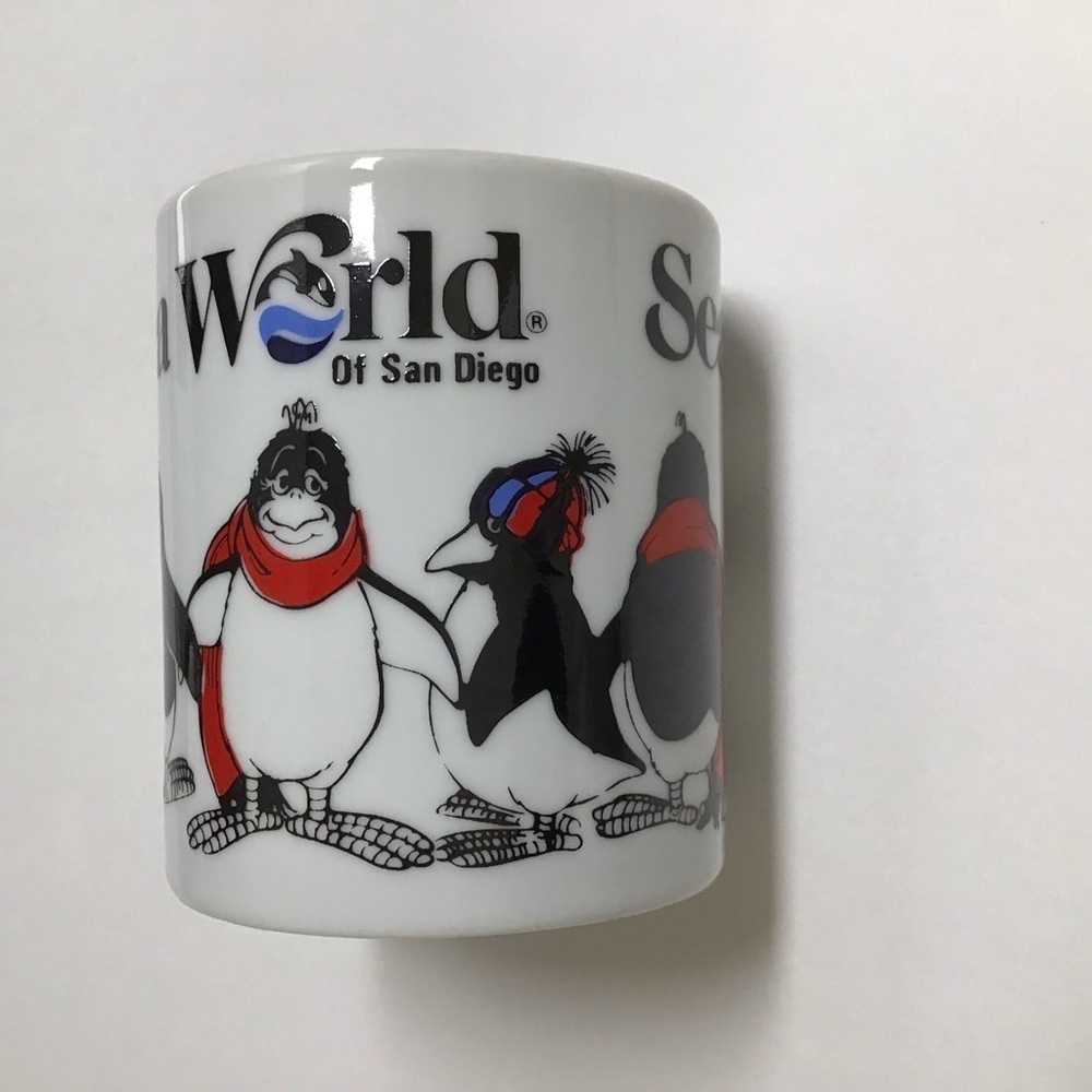 Sea World of San Diego Coffee Mug Penguins in Scarves Tea Cup Orca Logo Vintage
